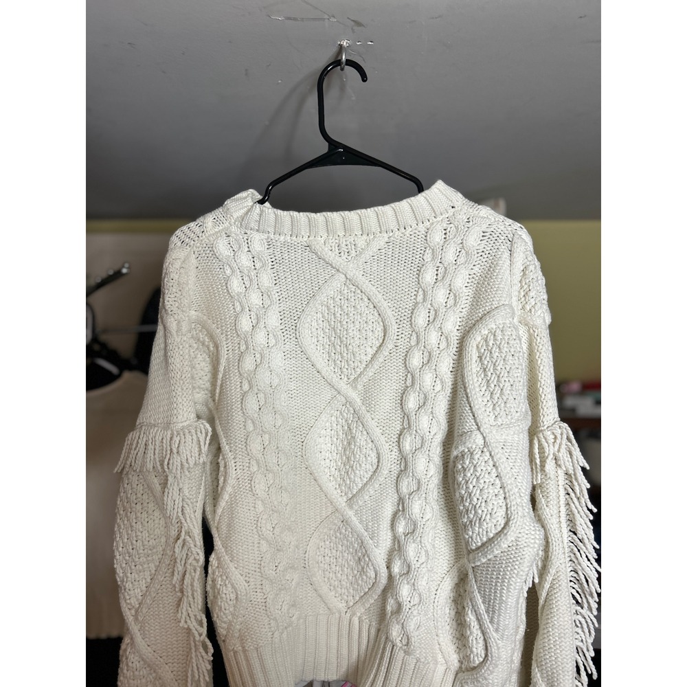 Macrame Line & Dot Cable Knit Fringe Sweater Heavy Cozy Boho Statement - Picture 3 of 6